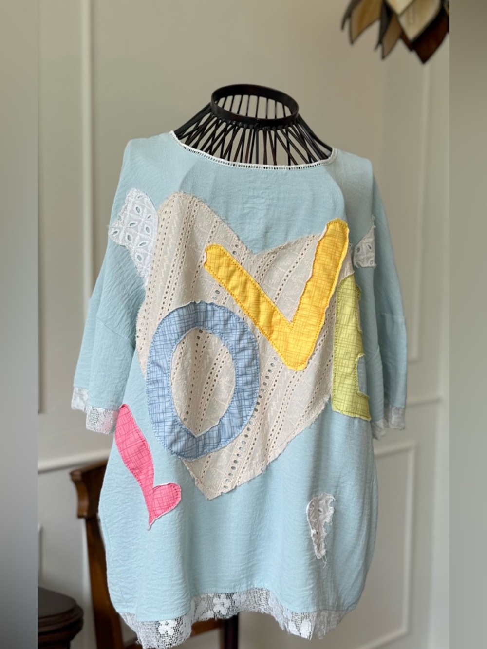 Light Blue Patchwork 'Love' Crochet Accent Blouse